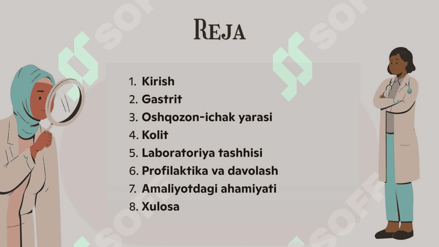 Gastrit,oshqozon-ichak yarasi va kolit kelib chiqishida mikroorganizmlarning ahamiyati, patogenezi, laboratoriya tashhisi.
Kampilobakteriyalar, helikobakteriyalar va ularning amaliyotdagi ahamiyati 2