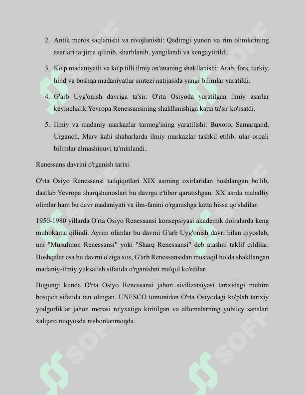 lX-XII asrlarda mamlakatimiz hududida roʻy bergan madaniy uygʻonish (Renesans) . Buyuk allomaning jahon sivilizatsiyasiga qoʻshgan hissasi 7