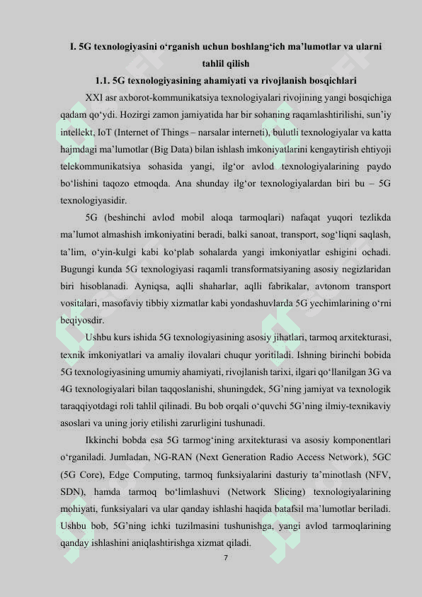 5G texnalogiyasi: tarmoq arxitekturasi va ilovalari 7