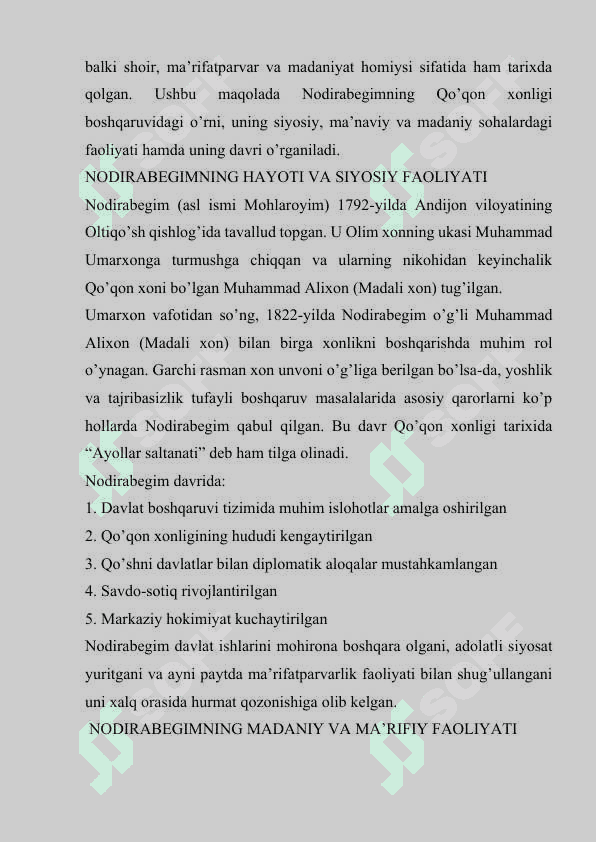 Nodirabegim Qo‘qon xonligi boshqaruvidagi o‘rni Maqola 2