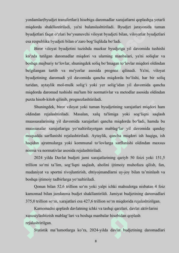O'zbekiston respublikasi byudjet jarayonini boshqarish va uning bosqichlari 8