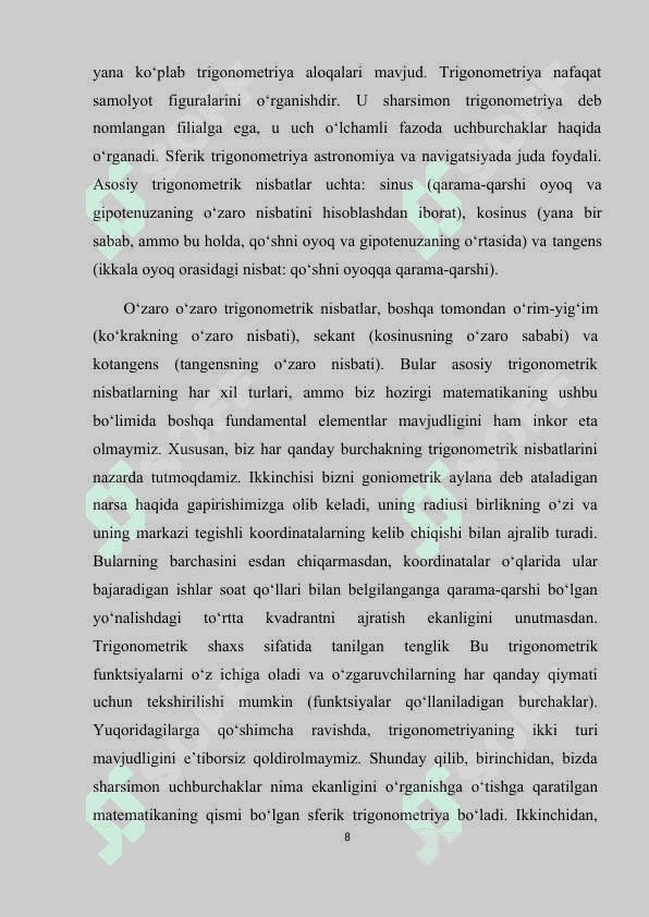 SFERIK VA TRIGONOMETRIK UCHBURCHAKLAR 8