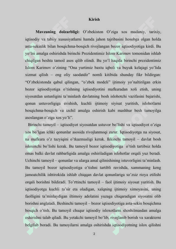 O‘zbekistonda iqtisodiy islohotlar, xususiy mulkchilikning shakllanishi, bozor munosabatlarining rivojlanishi-. 2