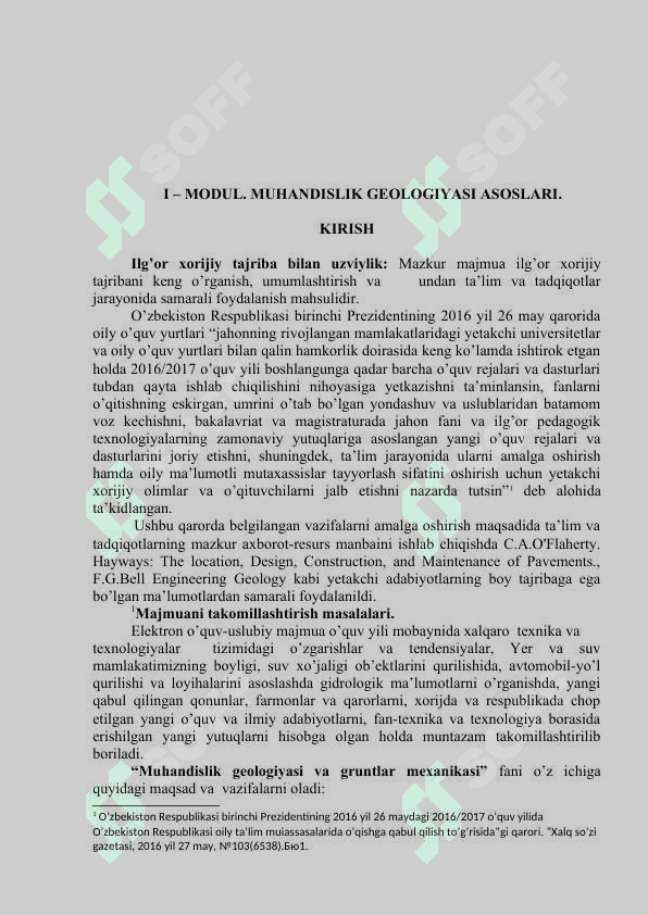 MUHANDISLIK  GEOLOGIYASI VA  GRUNTLAR MEXANIKASI, ZAMIN VA POYDEVORLAR fani bo’yicha O’QUV-USLUBIY MAJMUA 2