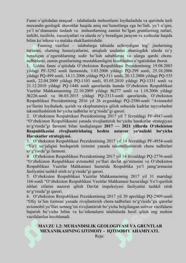 MUHANDISLIK  GEOLOGIYASI VA  GRUNTLAR MEXANIKASI, ZAMIN VA POYDEVORLAR fani bo’yicha O’QUV-USLUBIY MAJMUA 3
