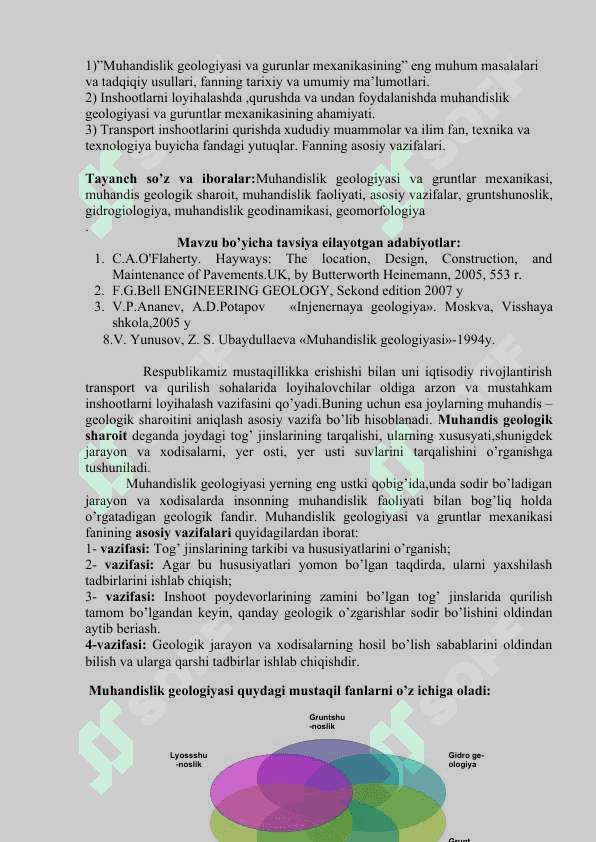 MUHANDISLIK  GEOLOGIYASI VA  GRUNTLAR MEXANIKASI, ZAMIN VA POYDEVORLAR fani bo’yicha O’QUV-USLUBIY MAJMUA 4