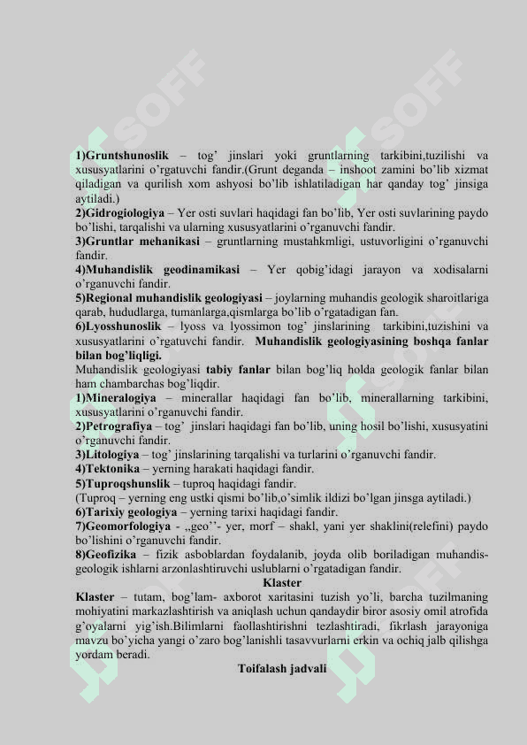 MUHANDISLIK  GEOLOGIYASI VA  GRUNTLAR MEXANIKASI, ZAMIN VA POYDEVORLAR fani bo’yicha O’QUV-USLUBIY MAJMUA 5
