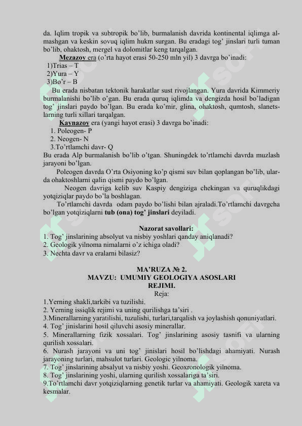 MUHANDISLIK  GEOLOGIYASI VA  GRUNTLAR MEXANIKASI, ZAMIN VA POYDEVORLAR fani bo’yicha O’QUV-USLUBIY MAJMUA 8