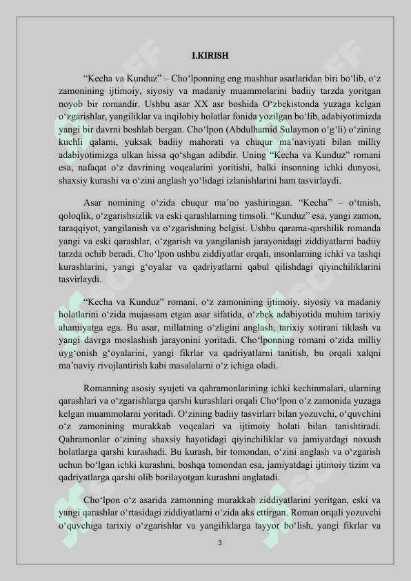 Kurs ishi(Choʻlponning "Kecha va kunduz" romanidagi obrazlar tahlili 3