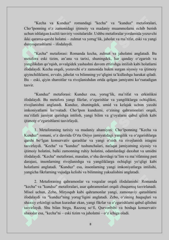 Kurs ishi(Choʻlponning "Kecha va kunduz" romanidagi obrazlar tahlili 8