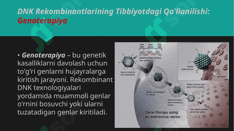 Tibbiy kimoy: Tibbiyotda DNK rekombinantlarining qo'llanilishi. Viruslarga va o'smalarga qarshi dori vositalarining ta'sir mexanizmi 5