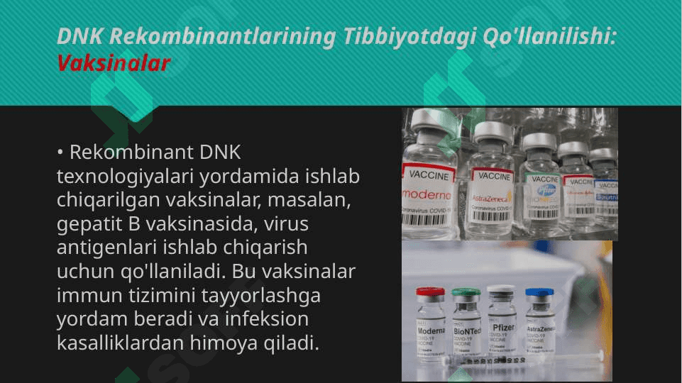 Tibbiy kimoy: Tibbiyotda DNK rekombinantlarining qo'llanilishi. Viruslarga va o'smalarga qarshi dori vositalarining ta'sir mexanizmi 6