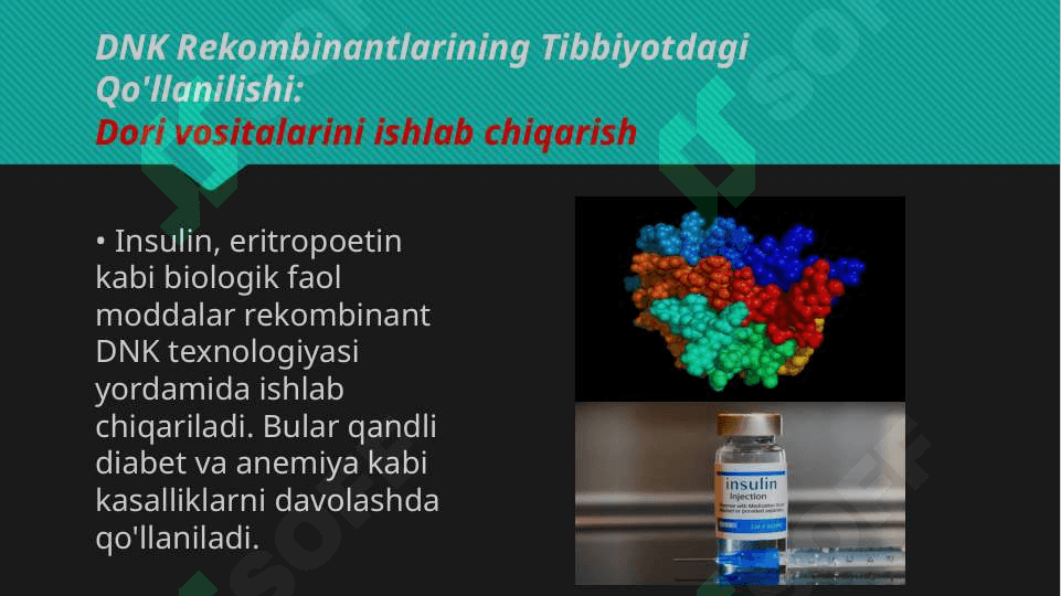 Tibbiy kimoy: Tibbiyotda DNK rekombinantlarining qo'llanilishi. Viruslarga va o'smalarga qarshi dori vositalarining ta'sir mexanizmi 8