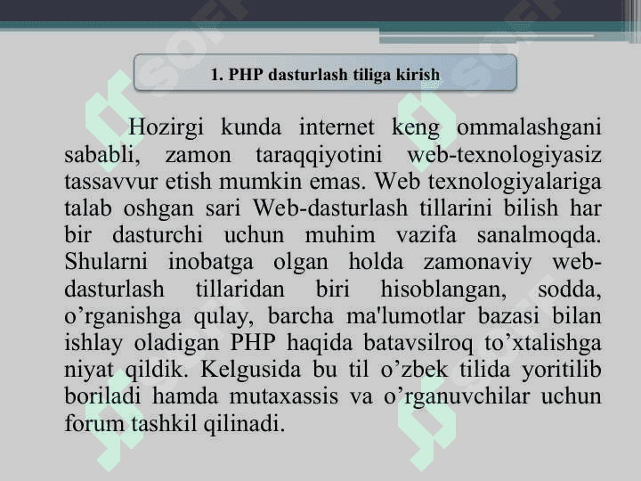 PHP dasturlash tili. Server tomonidan dasturlash. PHPga kirish. PHPni o’rnatish va testlash. 3