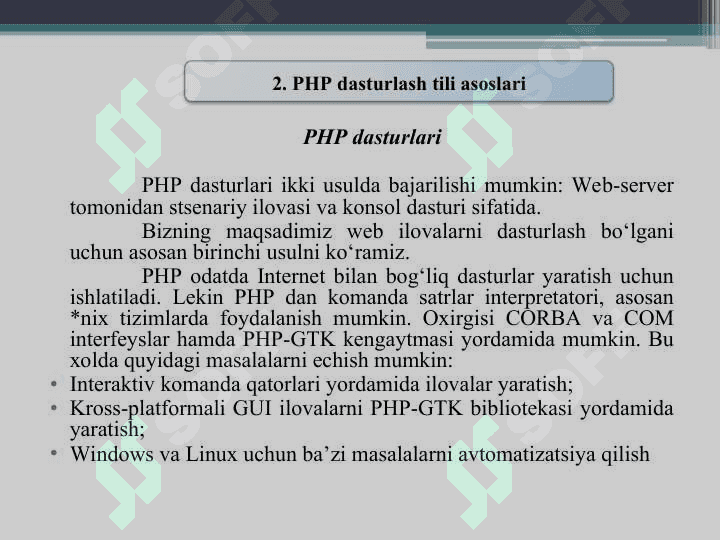 PHP dasturlash tili. Server tomonidan dasturlash. PHPga kirish. PHPni o’rnatish va testlash. 4