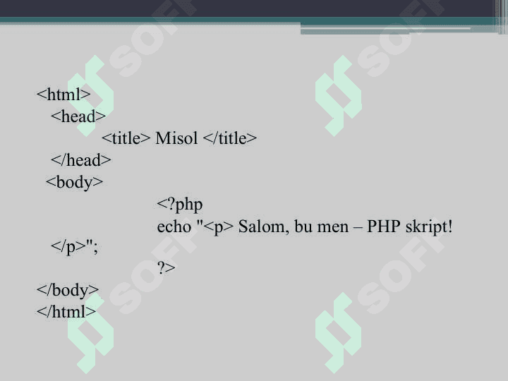 PHP dasturlash tilining tuzilishi. Ma’lumotlar tiplari va ifodalar bilan ishlash. Jarayonlarni boshqarish.. 4