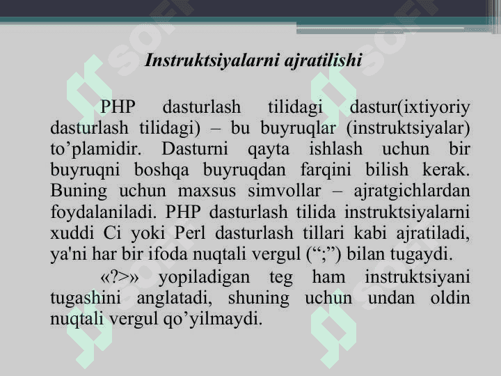 PHP dasturlash tilining tuzilishi. Ma’lumotlar tiplari va ifodalar bilan ishlash. Jarayonlarni boshqarish.. 7