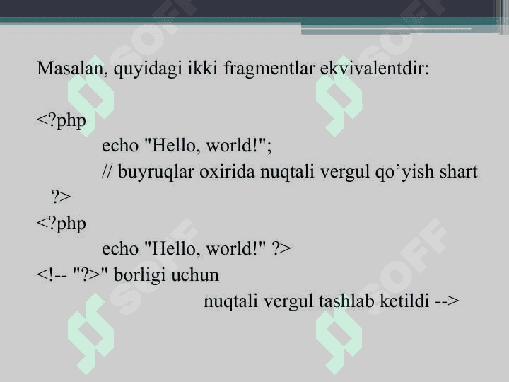 PHP dasturlash tilining tuzilishi. Ma’lumotlar tiplari va ifodalar bilan ishlash. Jarayonlarni boshqarish.. 8
