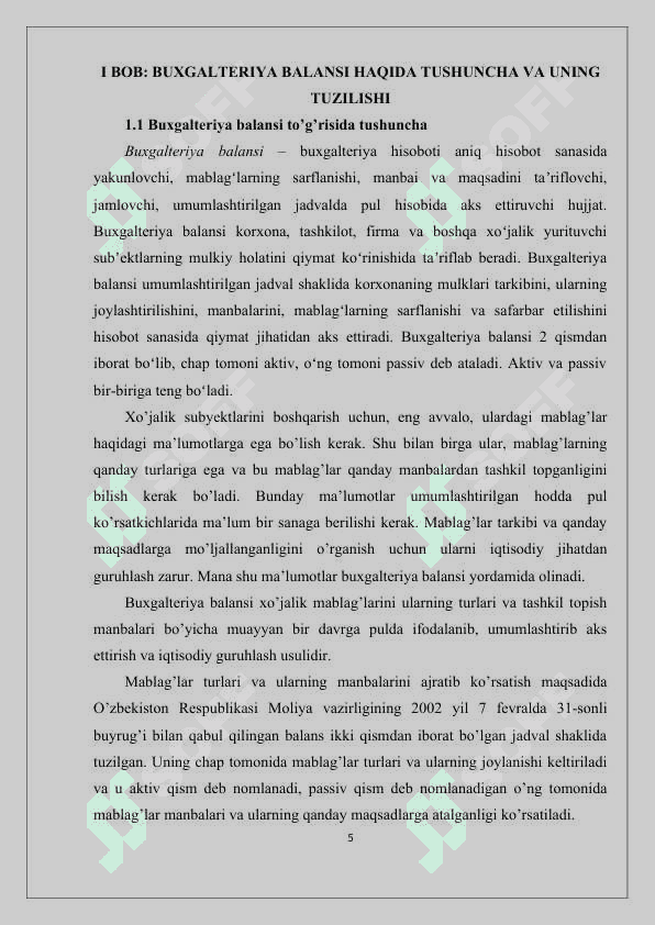 Buxgalteriya balansi, uning tuzilishi hamda turlari 5