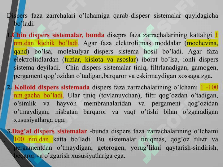 Kolloid kimyo. Dispers sistemalar. Kolloid eritmalarni olinishi va tozalash usullari 6