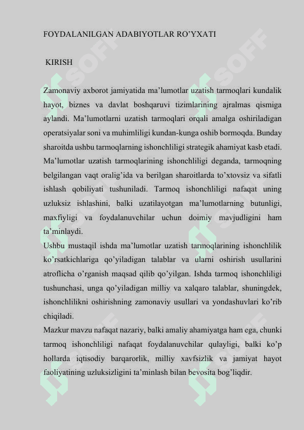 MA’LUMOTLAR UZATISH TARMOQLARINING ISHONCHLILIK KO’RSATKICHLARIGA TALABLAR VA ULARNI OSHIRISH USULLARI 3