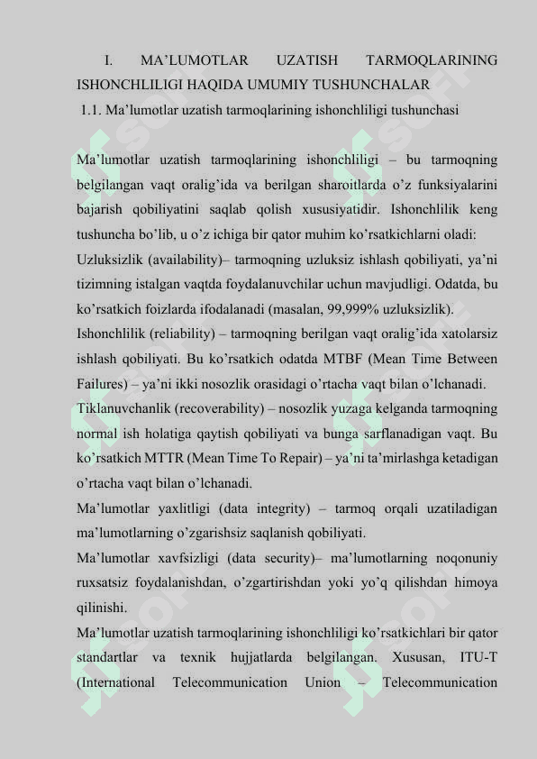 MA’LUMOTLAR UZATISH TARMOQLARINING ISHONCHLILIK KO’RSATKICHLARIGA TALABLAR VA ULARNI OSHIRISH USULLARI 4