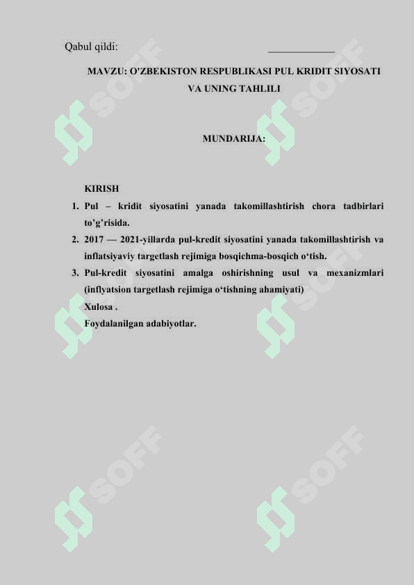 O'ZBEKISTON RESPUBLIKASI PUL KRIDIT SIYOSATI VA UNING TAHLILI 2