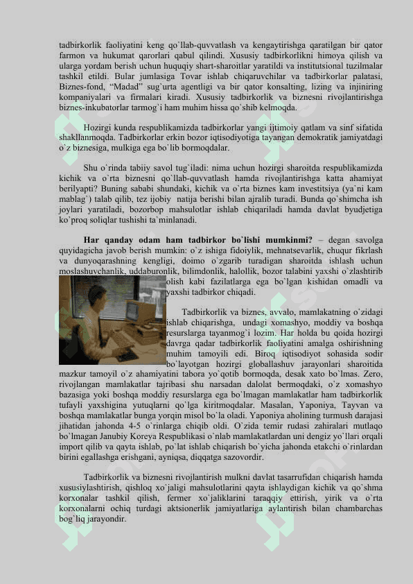 O`zbekistonda kichik  biznes va xususiy tadbirkorlikni rivojlantirishning ustuvor yo`nalishlari 3