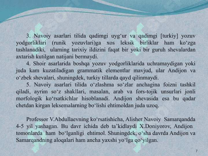 ALISHER NAVOIY – O‘ZBEK ADABIY TILINI MUMTOZLIK DARAJASIGA KO‘TARGAN SIYMO 7