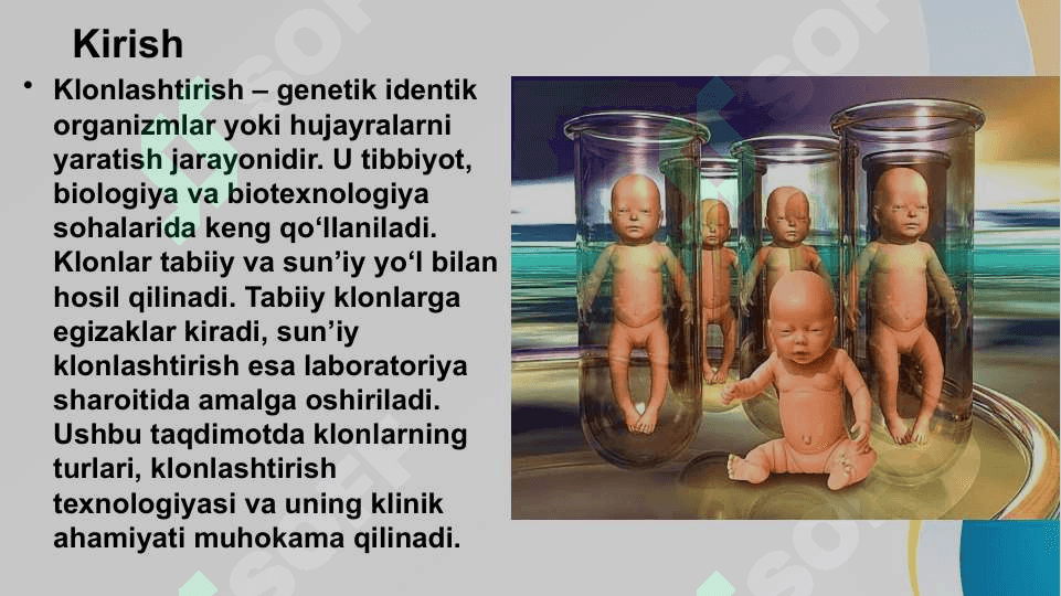 Klonlar, klonlashtirish, klinik ahamiyati . Biokimyo 4