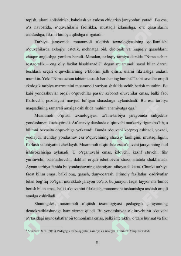 TARBIYA FANINI O‘QITISHDA MUAMMOLI O‘QITISH TEXNOLOGIYALARI 8
