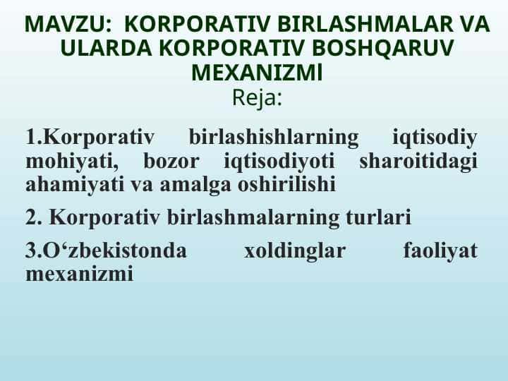 KORPORATIV BIRLASHMALAR VA ULARDA KORPORATIV BOSHQARUV MEXANIZMl