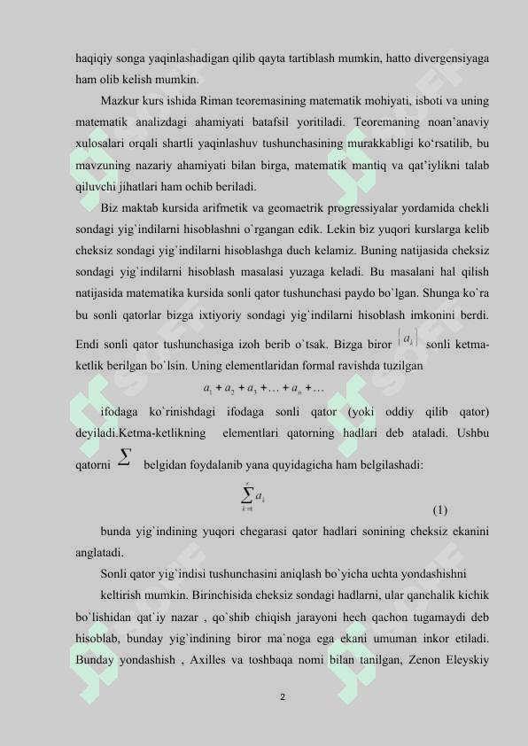 SHARTLI YAQINLASHUVCHI QATORLAR HAQIDAGI RIMAN TEOREMASI 3