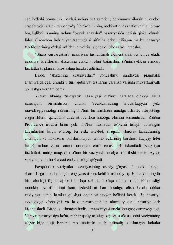 Yetakchilik shaxsini oʻrganuvchi nazariyalar 5