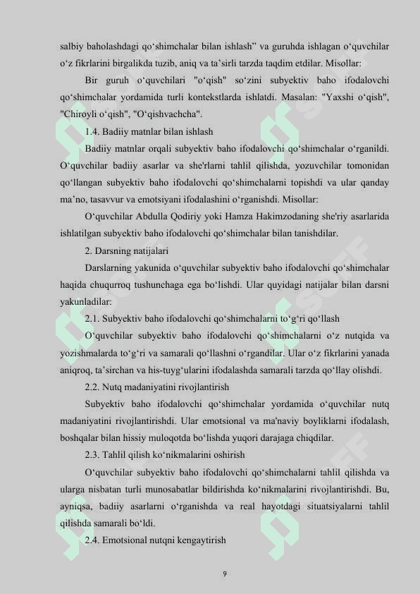 O‘QUVCHILARNING SUBYEKTIV BAHO IFODALOVCHI QO‘SHIMCHALAR USLUBIYATI USTIDA ISHLASH MALAKALARINI RIVOJLANTIRISH 8