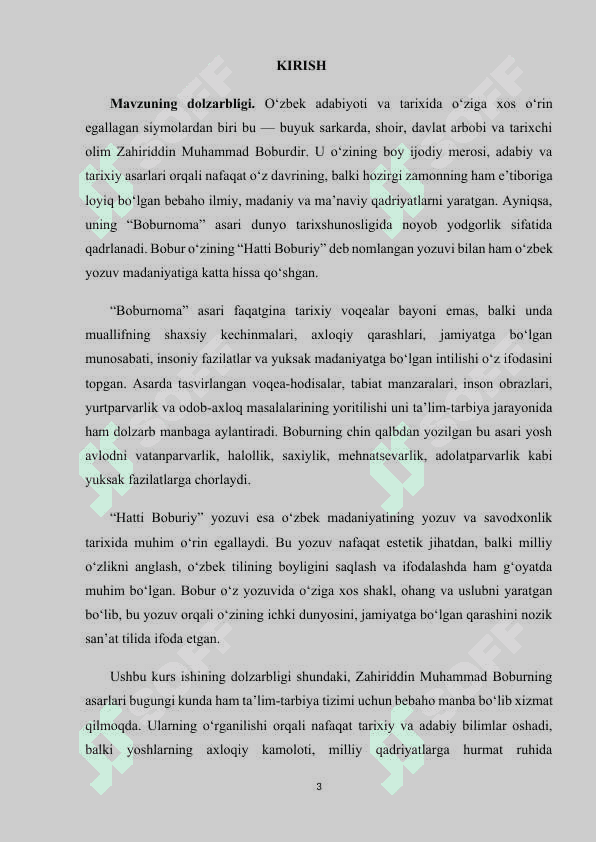 Z.M.BOBURNING “HATTI BOBURIY “ XAMDA “BOBURNOMA”ASARINING  TA’LIMIY-TARBIYAVIY AHAMIYATI. 3