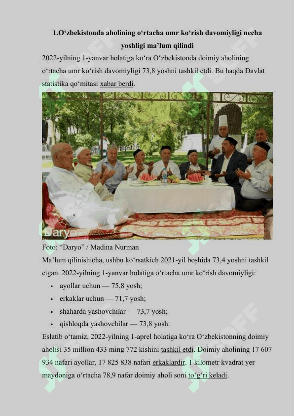 O’rtacha umr ko’rish ko’rsatkichi va kelajakdagi aholi sonini hisoblash usullari. 2