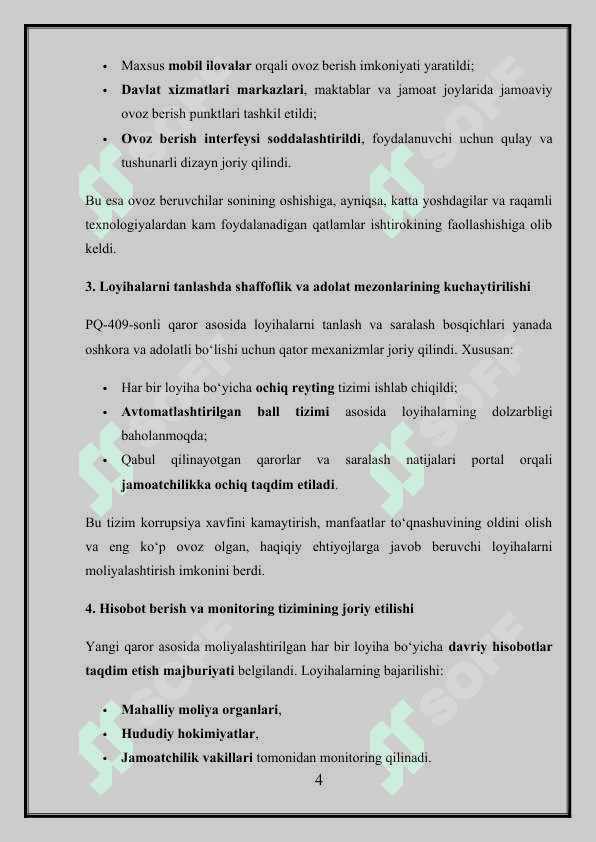 2022-yil 25-oktabrdagi “Jamoatchilik fikri asosida shakllantiriladigan loyihalarni moliyalashtirish ko‘lamini kengaytirish chora-tadbirlari to‘g‘risida”gi PQ-409-son Qarоr bilan amaliyotga joriy etilgan yangiliklar 4
