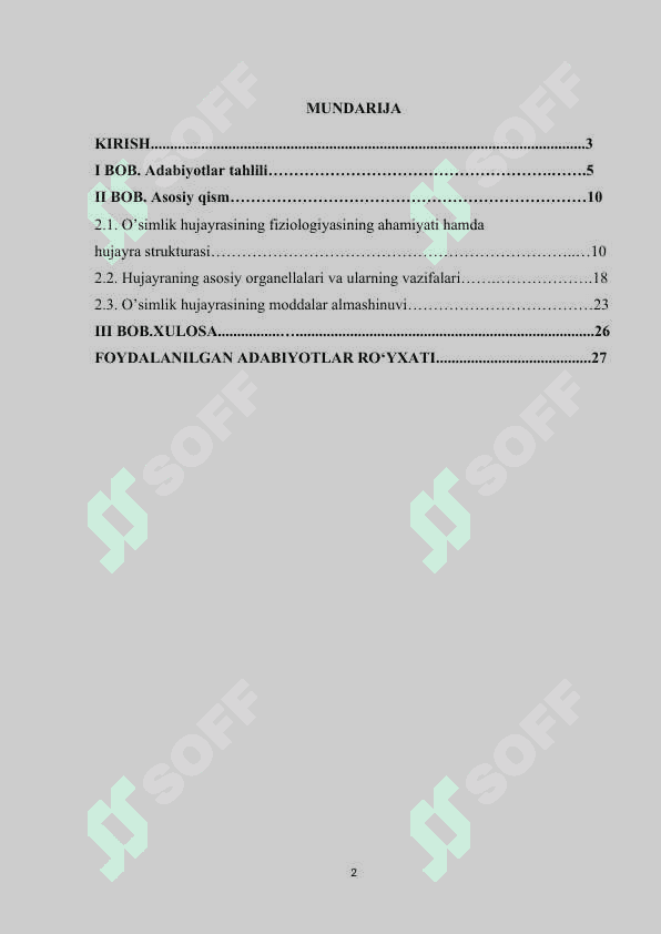 Mavzu: O’simlik hujayrasining fiziologiyasi 2