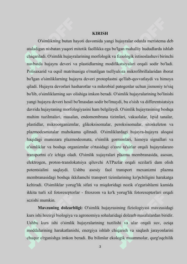 Mavzu: O’simlik hujayrasining fiziologiyasi 3