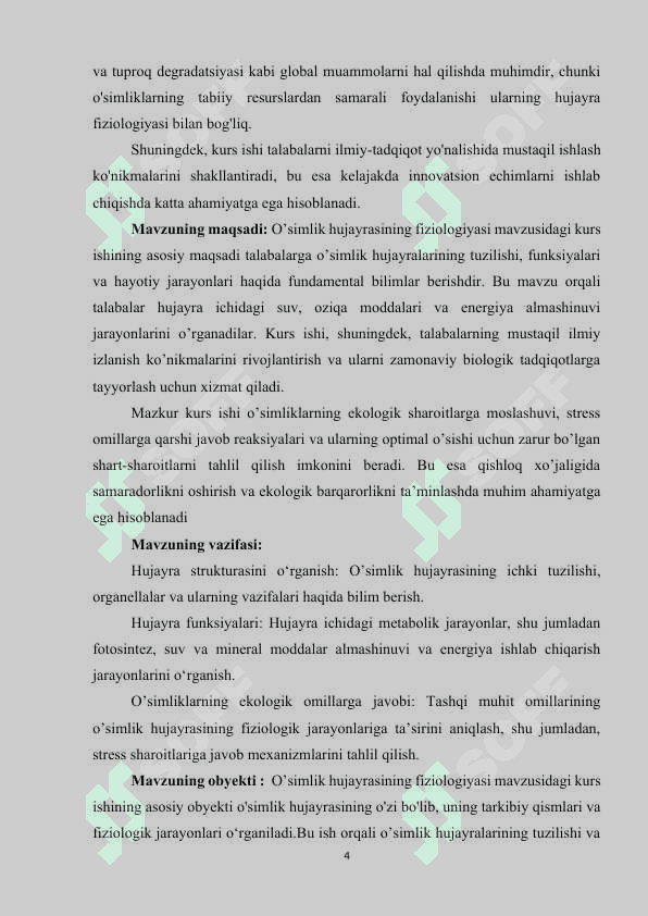 Mavzu: O’simlik hujayrasining fiziologiyasi 4