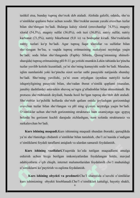 Mavzu: O’simliklarning sho’rlanishga chidamliligi. 6