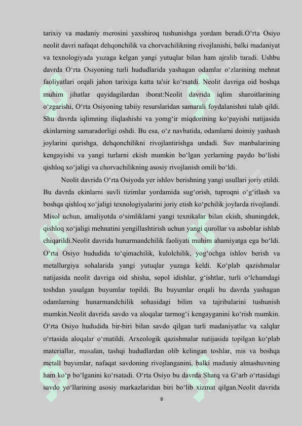O’rta Osiyoda neolit davri tarixining o’rganilishi 8