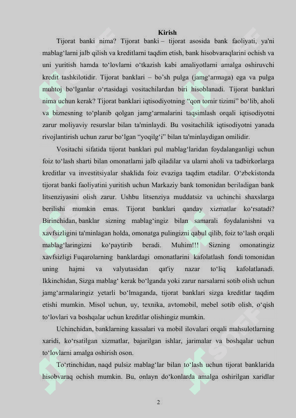Tijorat banklari va ularning faoliyatini   rivojlantirishning asosiy yo`nalishlari 2