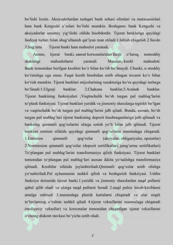 Tijorat banklari va ularning faoliyatini   rivojlantirishning asosiy yo`nalishlari 5