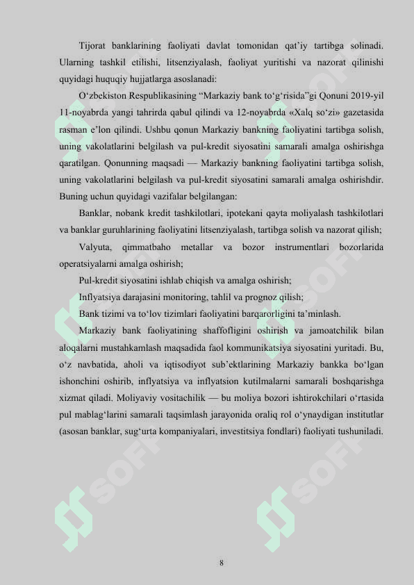 Tijorat banklari va ularning faoliyatini   rivojlantirishning asosiy yo`nalishlari 8