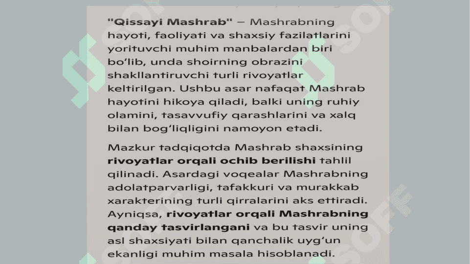 Qissayi Mashrab da Mashrab shaxsini yorituvchi rivoyatlarning  tahlili 4