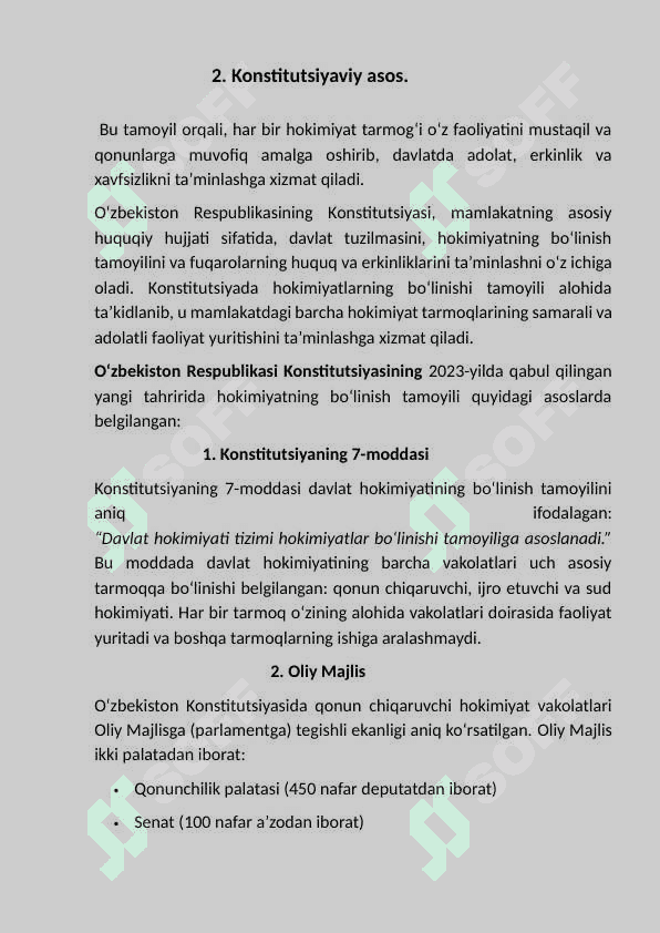 O‘zbekiston   Konstitutsiyasida  hokimiyatning  bo‘linish tamoyili. 7