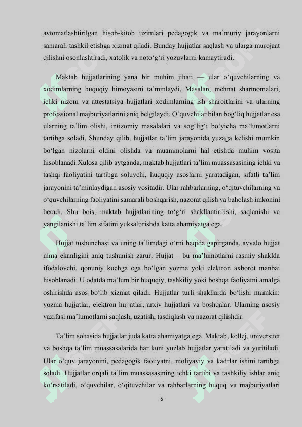 MAKTAB XUJJATTLARINI O‘RGANISH VA TAHLIL QILISH. 6