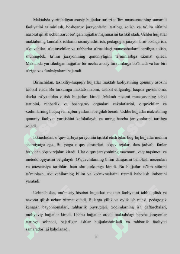 MAKTAB XUJJATTLARINI O‘RGANISH VA TAHLIL QILISH. 8
